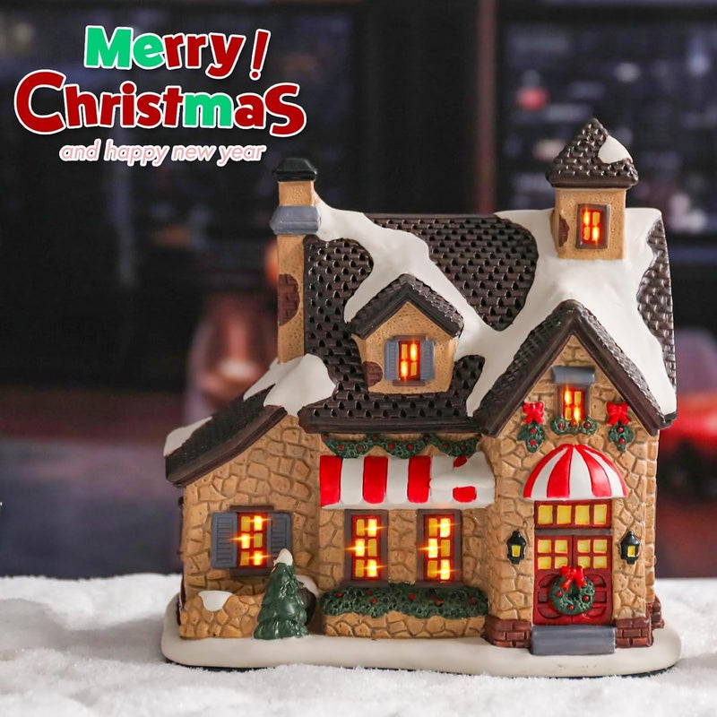 VCUTEKA Christmas Village House Lighted Indoor Decorations Gingerbread House with LED Light Christmas Village Collectible Buildings Figurines Ceramic Shop House Light up Figurine for Holiday Xmas Decor - Image 5